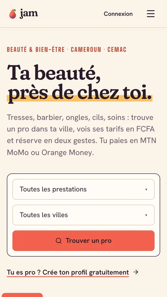 JAM home screen: searching for a beauty professional by service and city.